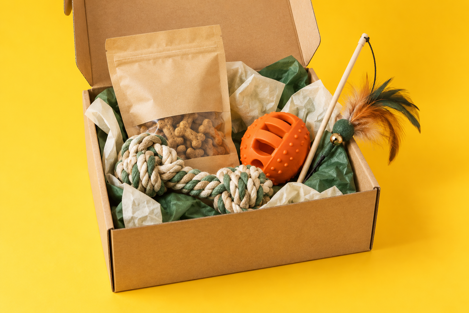 An illustrative box of pet treats, toys and essentials